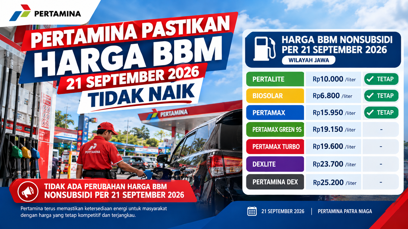 Pertamina Pastikan Harga BBM Nonsubsidi 21 September 2026 Tidak Berubah
